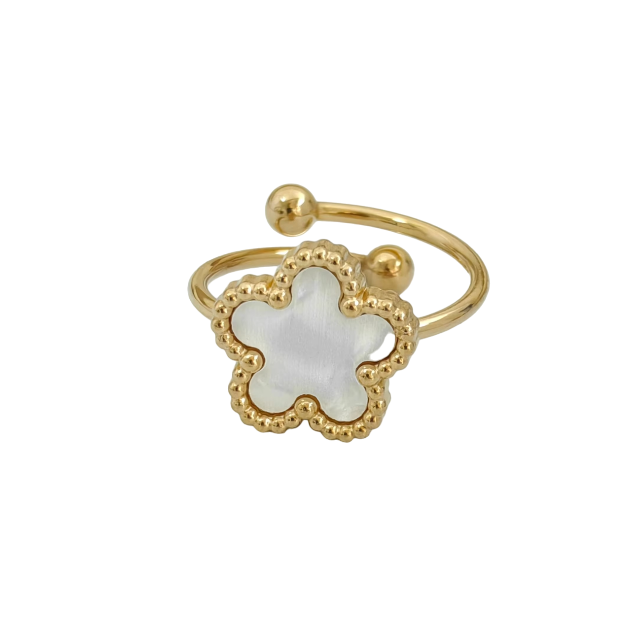 Bague fleur ajustable blanche et or