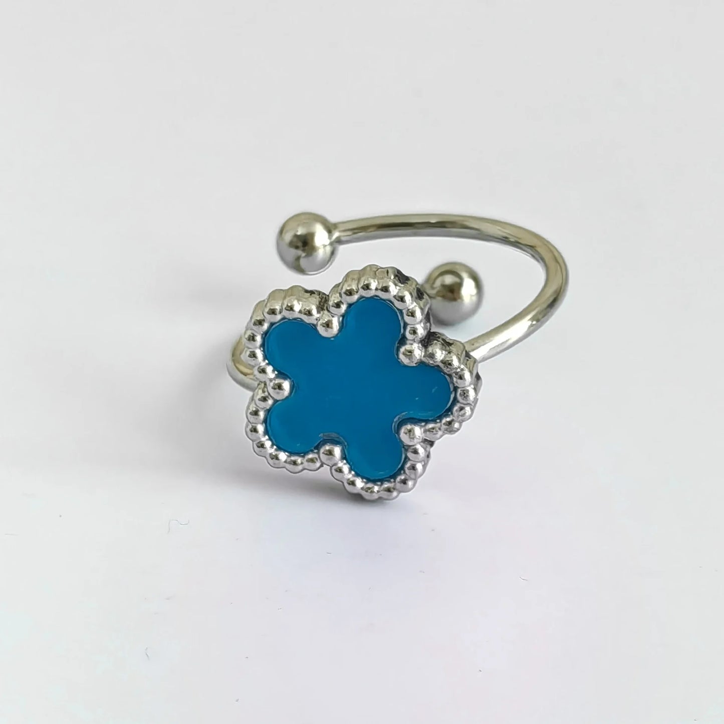 Bague fleur ajustable bleue et argent