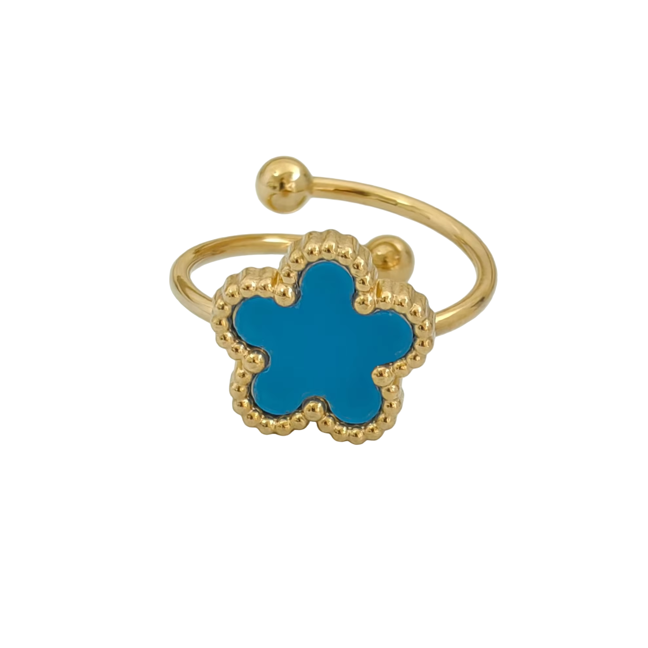 Bague fleur ajustable bleue et or