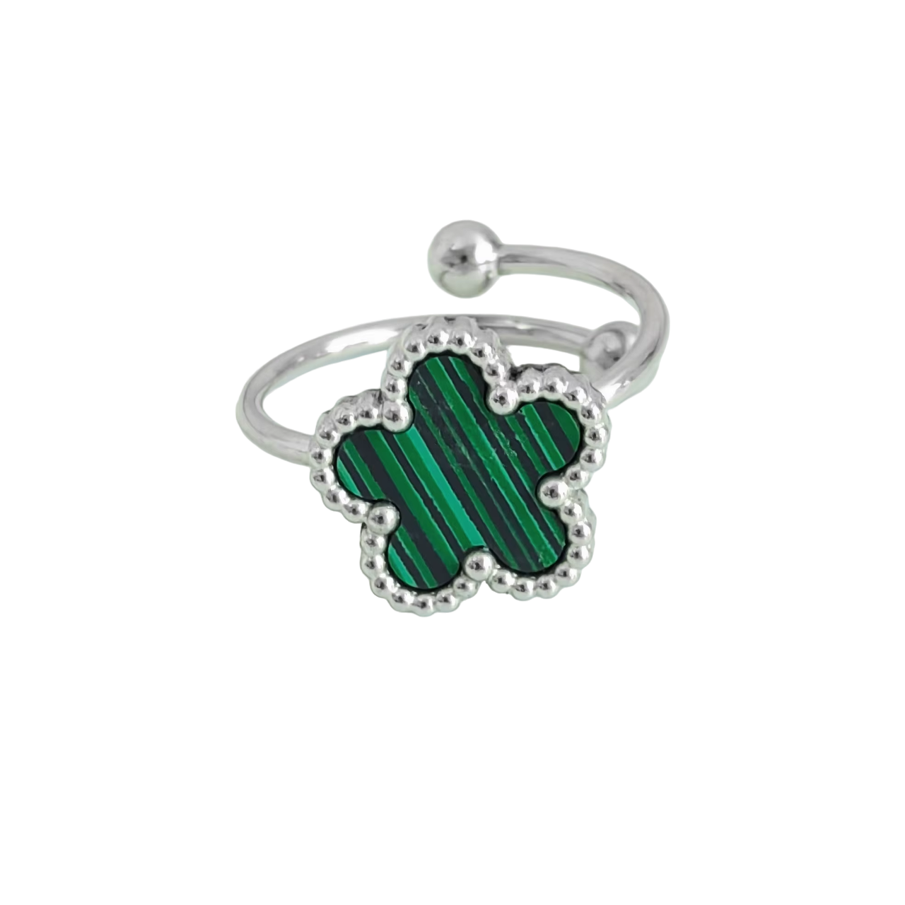 Bague fleur ajustable verte et argent
