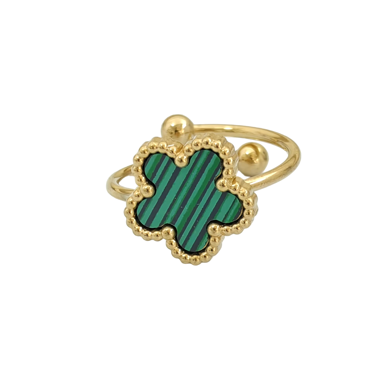 Bague fleur ajustable verte et or