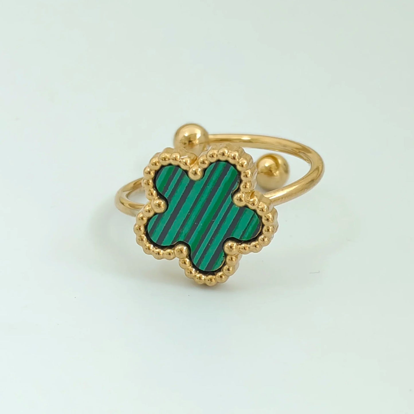 Bague fleur ajustable verte et or
