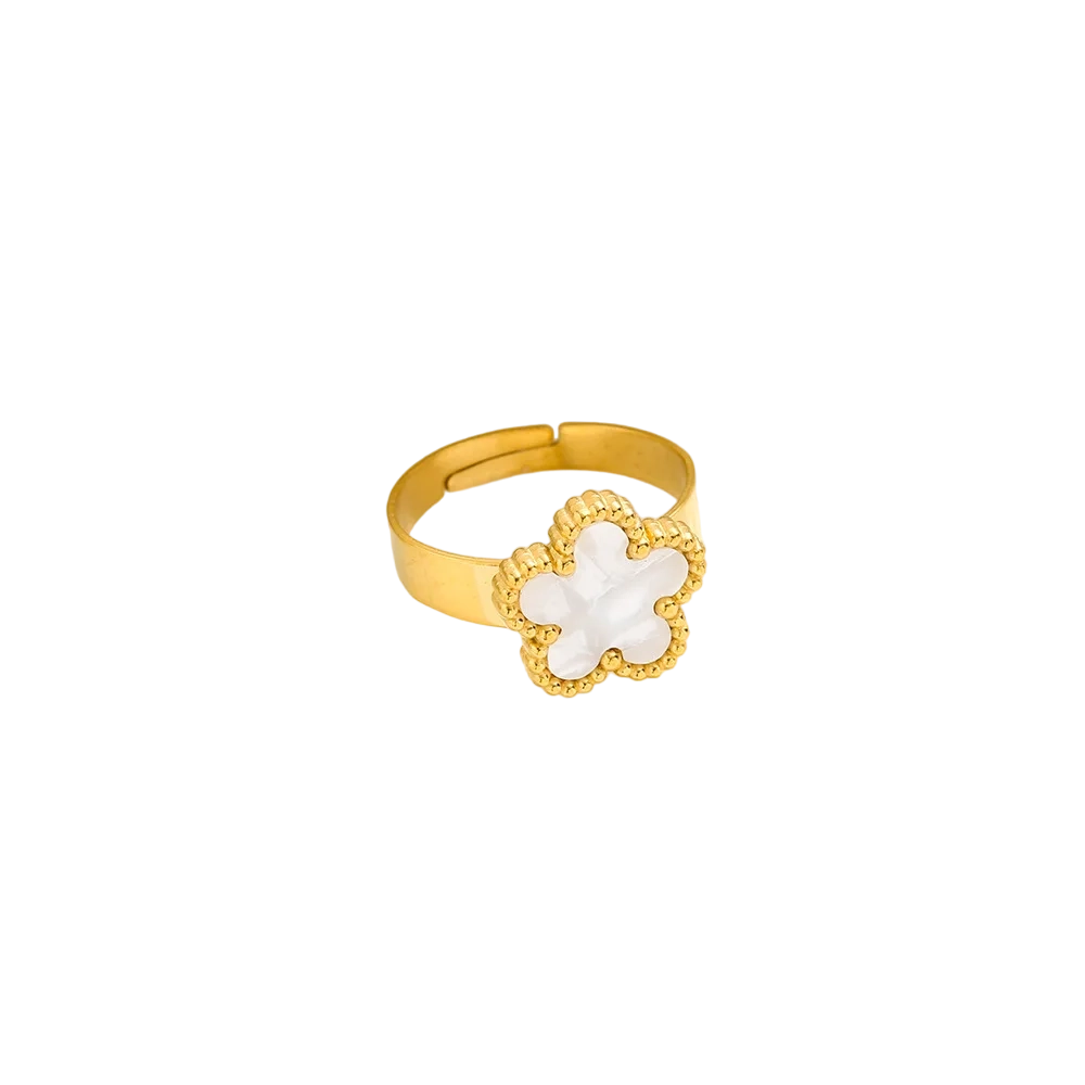 Bague fleur blanc nacré en acier inoxydable