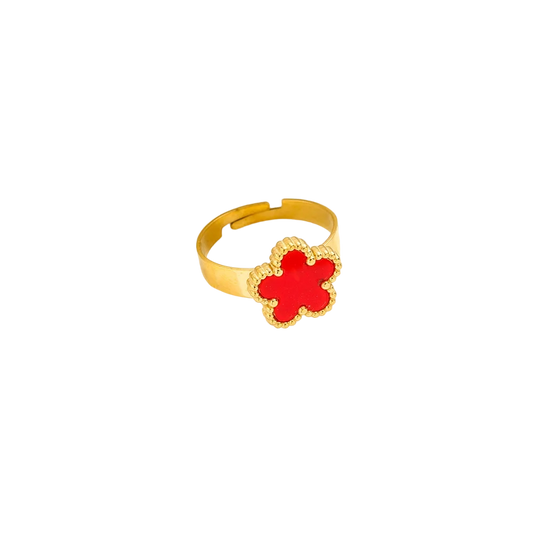 Bague fleur rouge en acier inoxydable