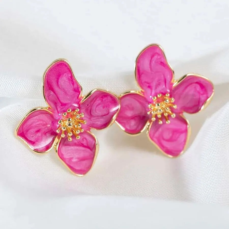 Boucles d'oreilles fleurs roses et dorées