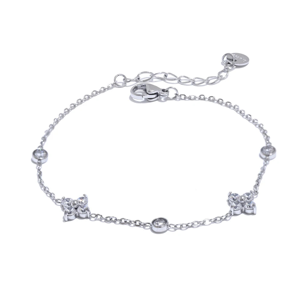 Bracelet à deux fleurs argentées avec cristaux