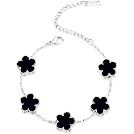 Bracelet argenté à fleurs noires multiples