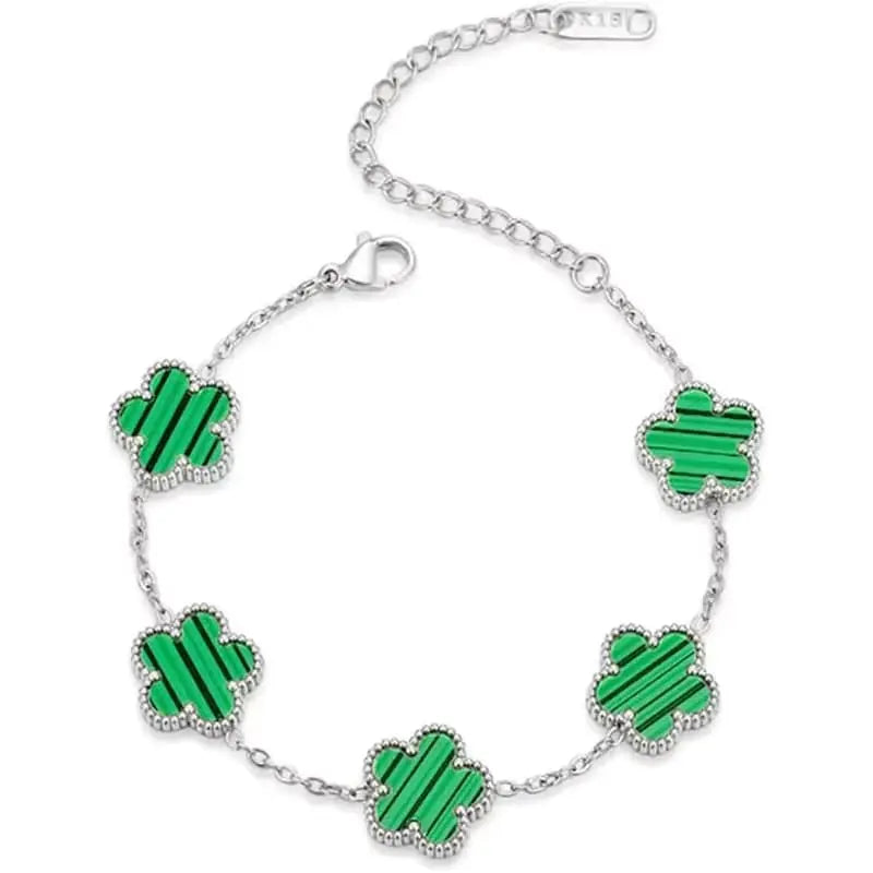 Bracelet argenté à fleurs vertes multiples