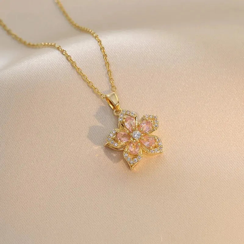 Collier fleur doré et rose