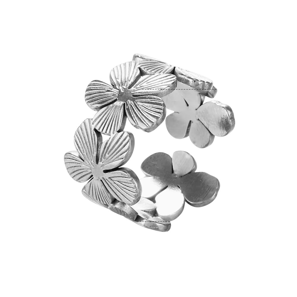 Bague ajustable argentée à fleurs multiples