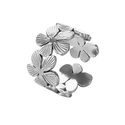 Bague ajustable argentée à fleurs multiples