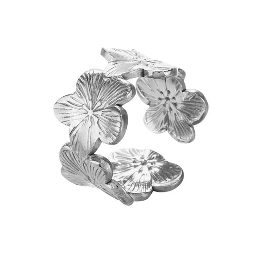Bague ajustable argentée à fleurs réalistes multiples