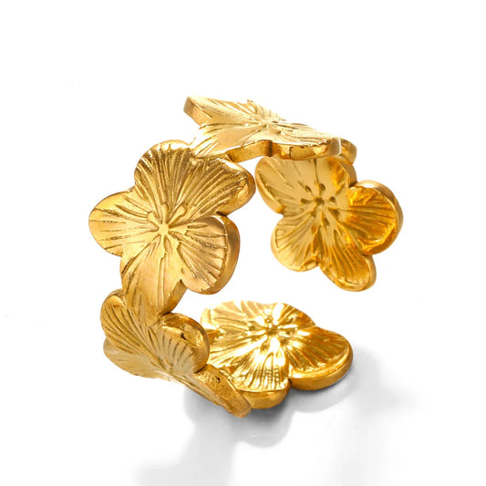 Bague ajustable dorée à fleurs réalistes multiples