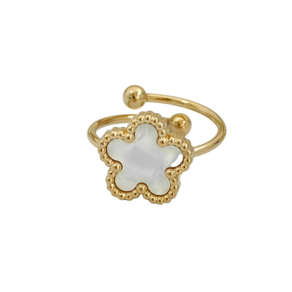 Bague fleur ajustable blanche et or