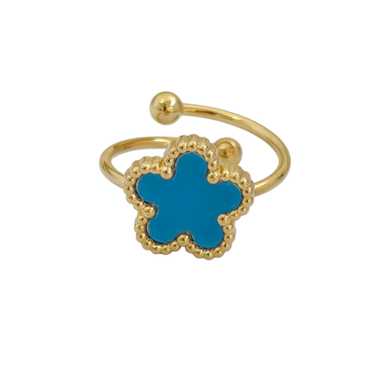 Bague fleur ajustable bleue et or