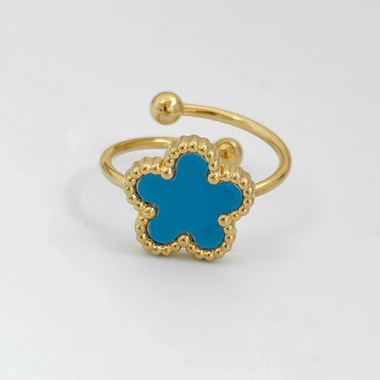 Bague fleur ajustable bleue et or