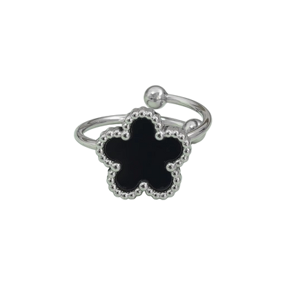 Bague fleur ajustable noire et argent