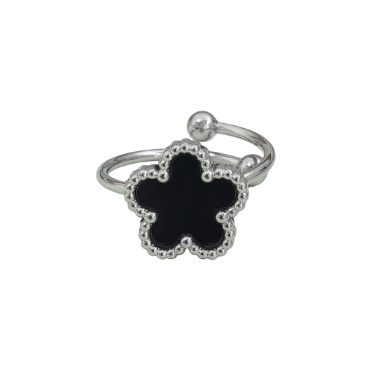 Bague fleur ajustable noire et argent
