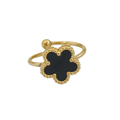 Bague fleur ajustable noire et or