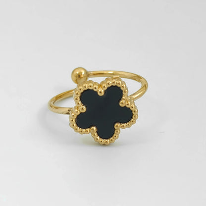 Bague fleur ajustable noire et or