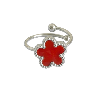 Bague fleur ajustable rouge et argent