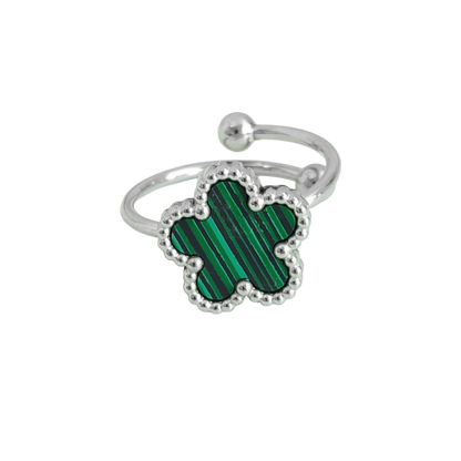 Bague fleur ajustable verte et argent
