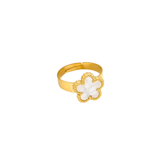 Bague fleur blanc nacré en acier inoxydable