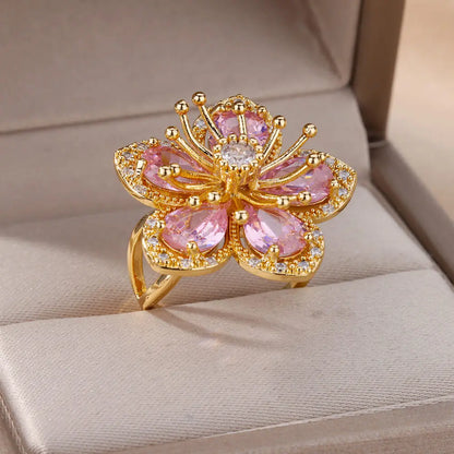 Bague fleur dorée à pétales roses fantaisie