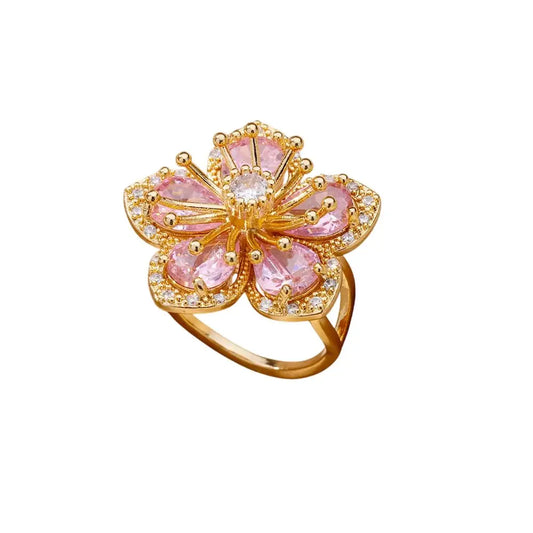 Bague fleur dorée à pétales roses fantaisie