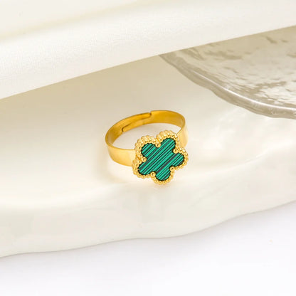 Bague fleur verte en acier inoxydable