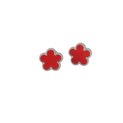 Boucles d'oreilles argentées à fleurs rouges multiples