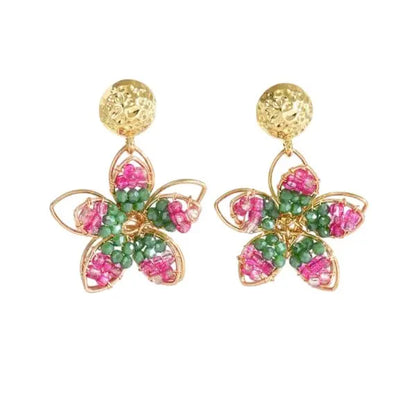Boucles d'oreilles fleurs dorées à perles roses et vertes