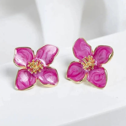 Boucles d'oreilles fleurs roses et dorées