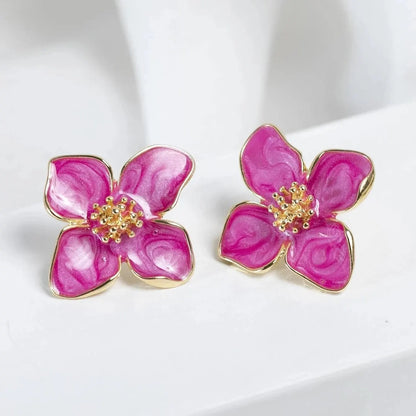 Boucles d'oreilles fleurs roses et dorées