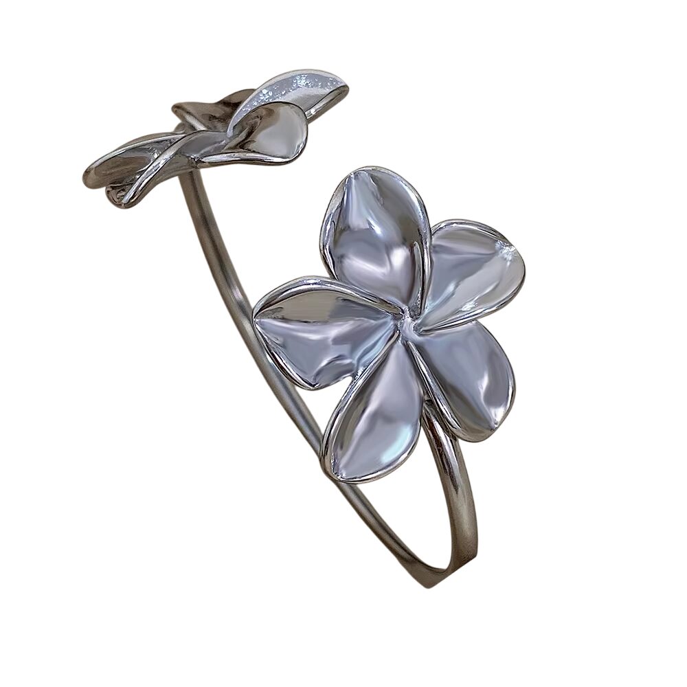 Bracelet ajustable argenté à deux fleurs