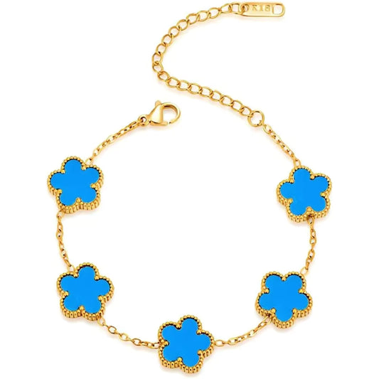Bracelet fleurs bleu or en acier inoxydable