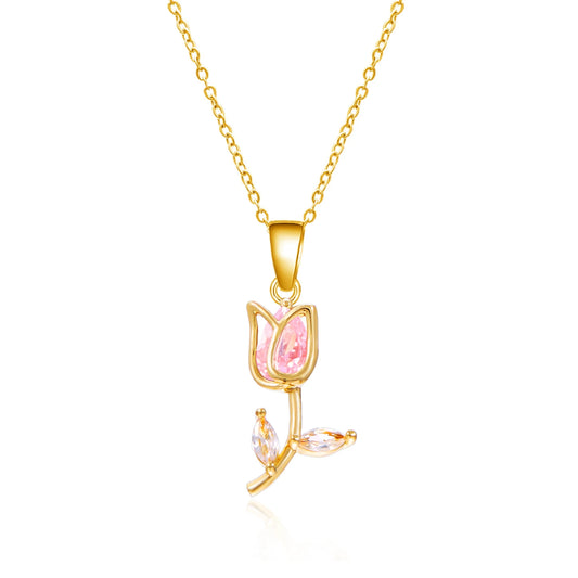 Collier avec pendentif tulipe doré et rose