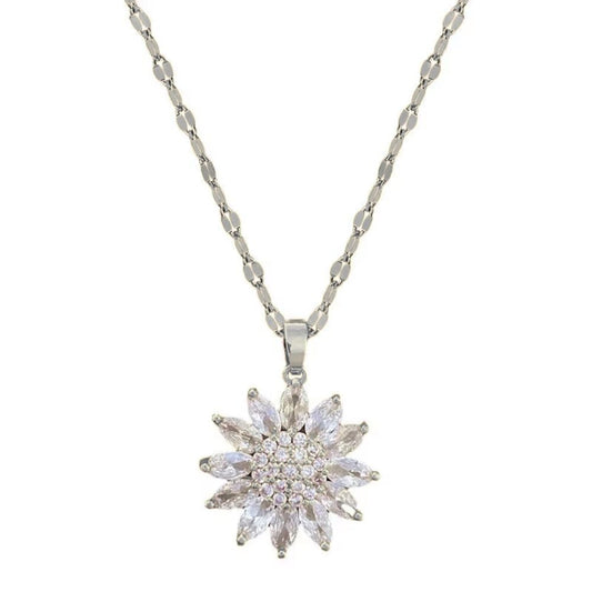 Collier fleur argentée rotative