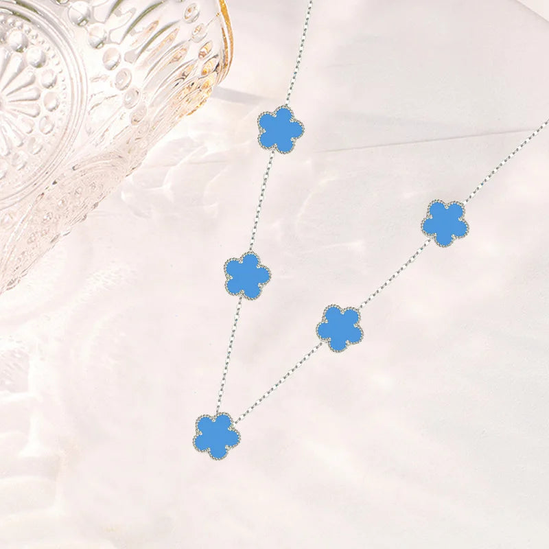 Collier fleurs bleu et argent multiple